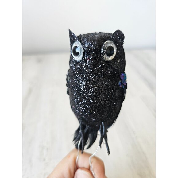 Clip sparkle glitter owl ornament black sequin feather Halloween tree - Picture 2 of 9